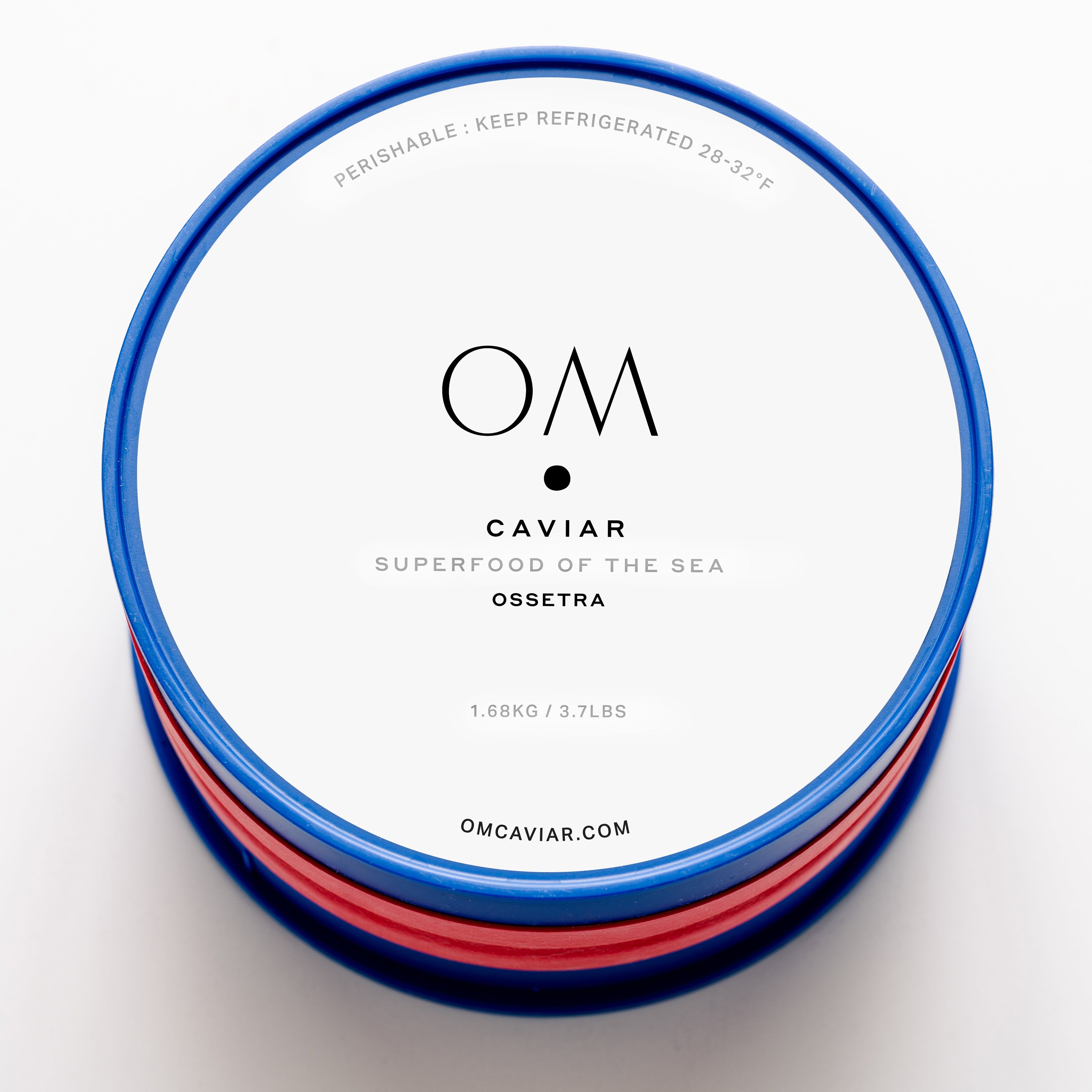 Tin of Ossetra caviar with white label and blue rim, branded OM Caviar, weighing 1.68 kg or 3.7 lbs.