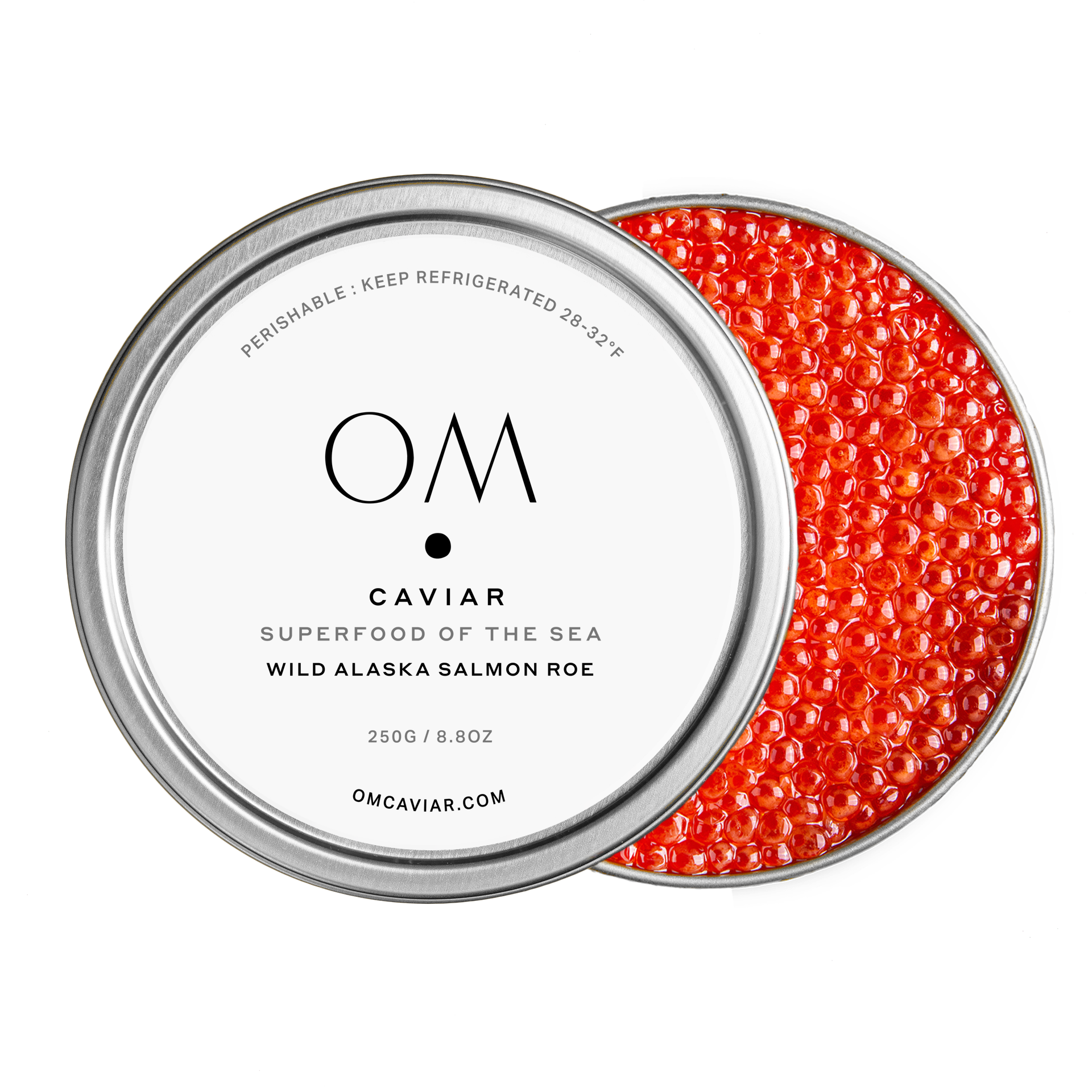 Open 250g tin of OM Caviar Wild Alaska Salmon Roe showing vibrant red-orange pearls with the branded lid resting alongside.