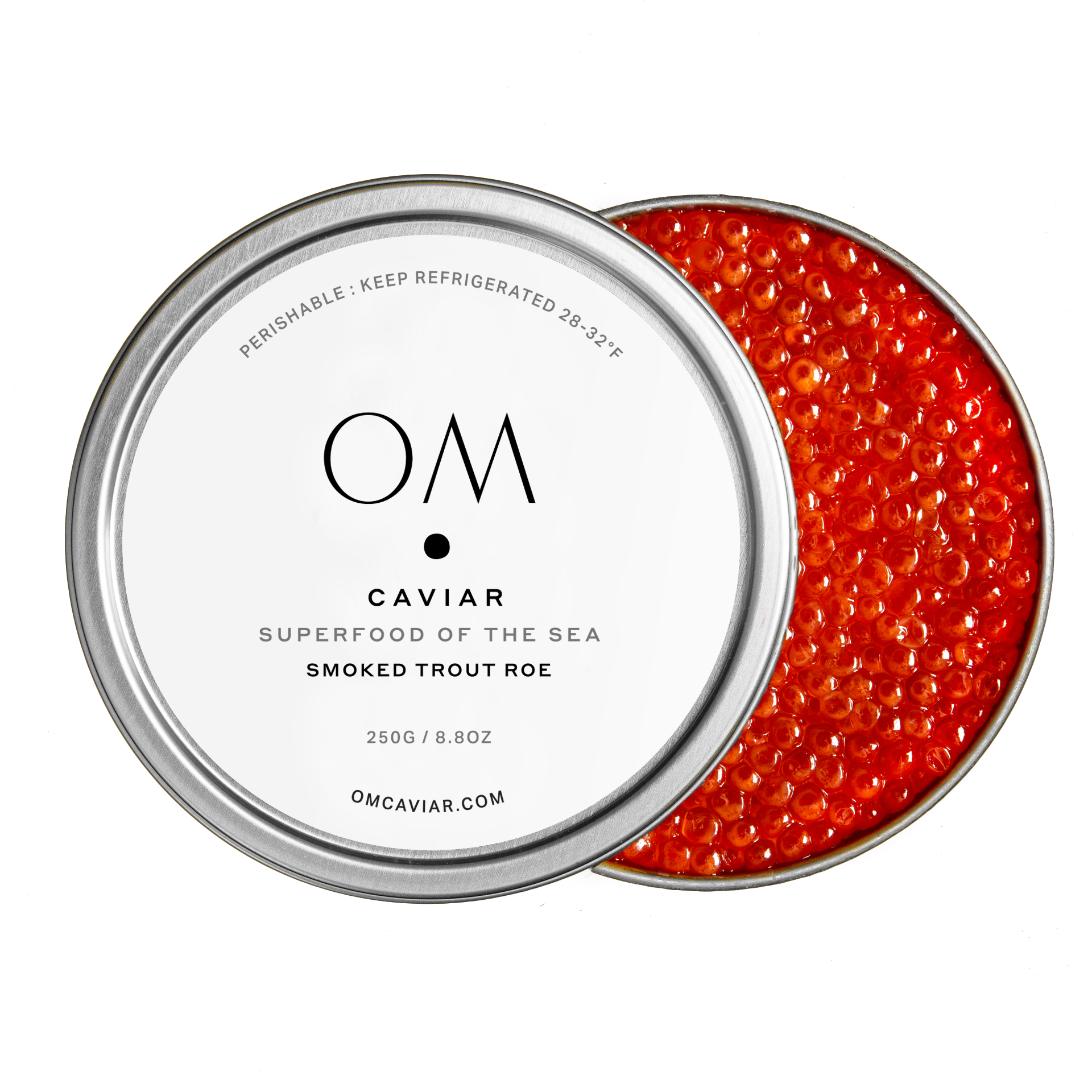 Open 250g tin of OM Caviar Smoked Trout Roe showing bright orange pearls with the branded lid resting alongside.