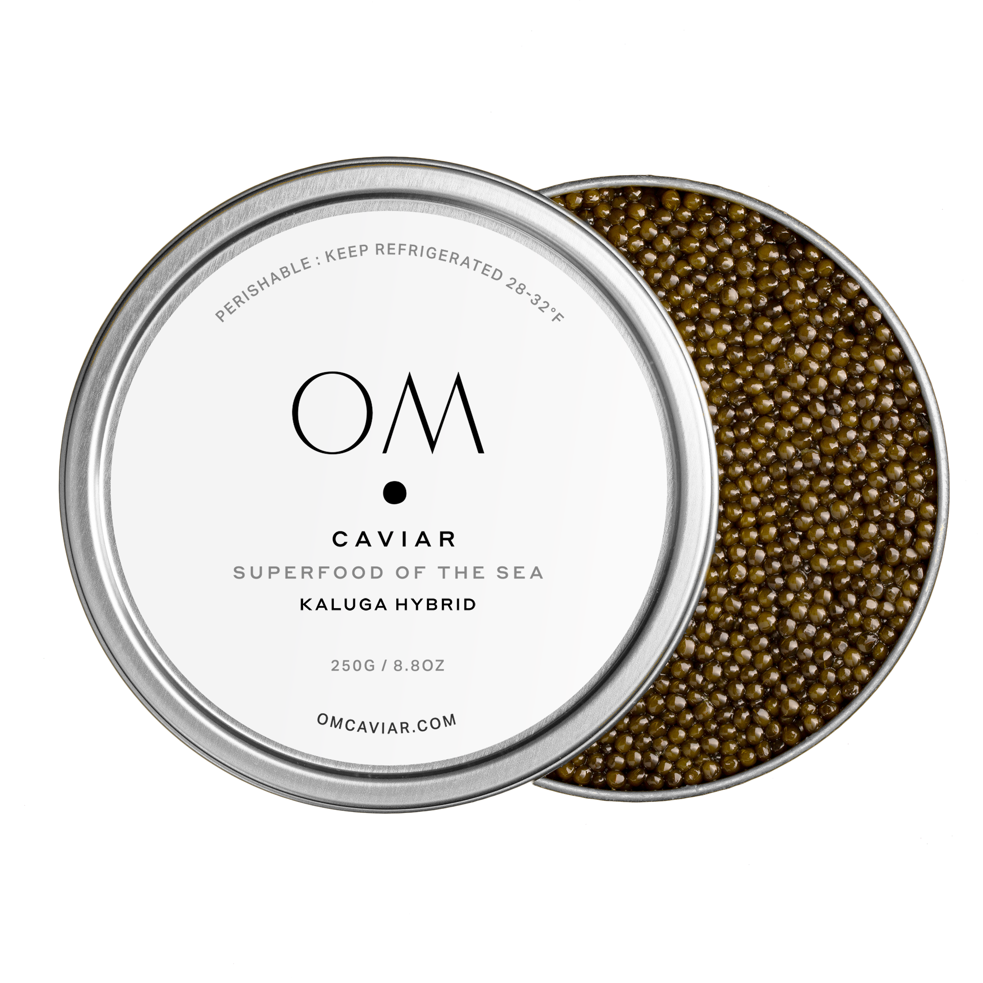 Open tin of Kaluga Hybrid Caviar with dark amber to brown pearl-like sturgeon roe on white background.