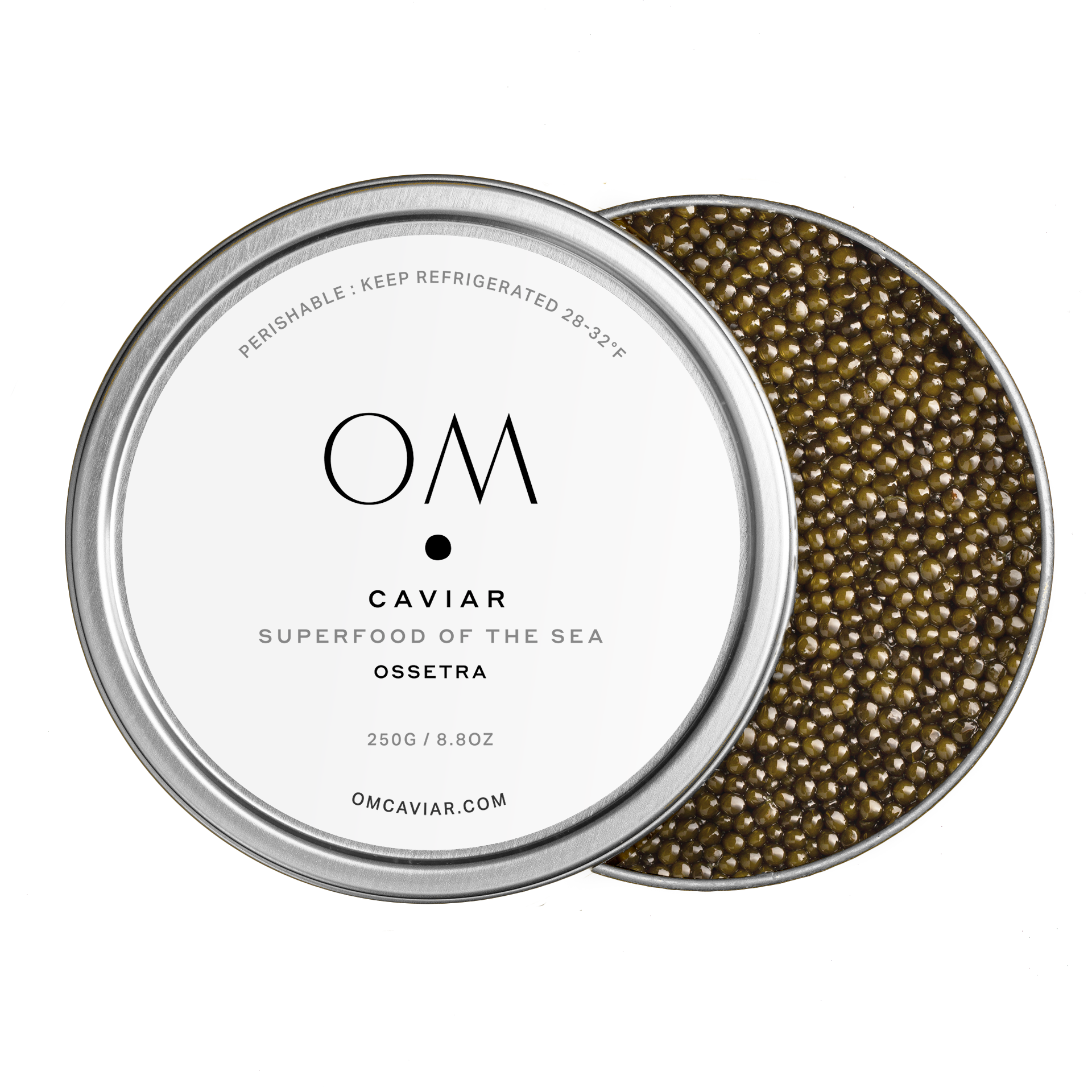 Opened tin of Ossetra caviar with dark brown and golden roe, next to a silver lid labeled OM Caviar.