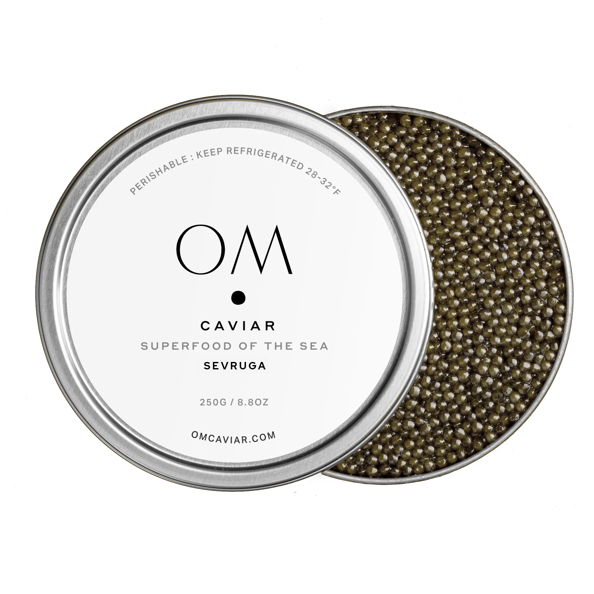 Open tin of Limited Edition Sevruga Caviar with grey-brown medium-sized pearls and minimalist white label on lid.