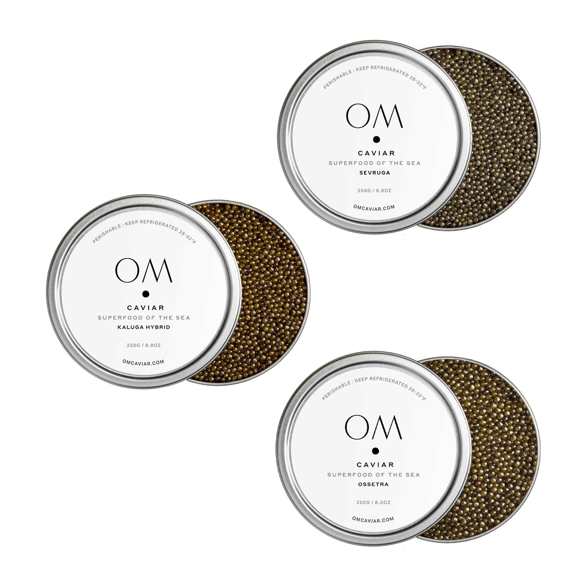 Three tins of O/M caviar varieties: Sevruga, Kaluga Hybrid, and Ossetra, each 250g with premium caviar visible.